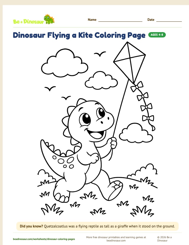 Dinosaur Flying a Kite coloring page (free printable from Be a Dinosaur)