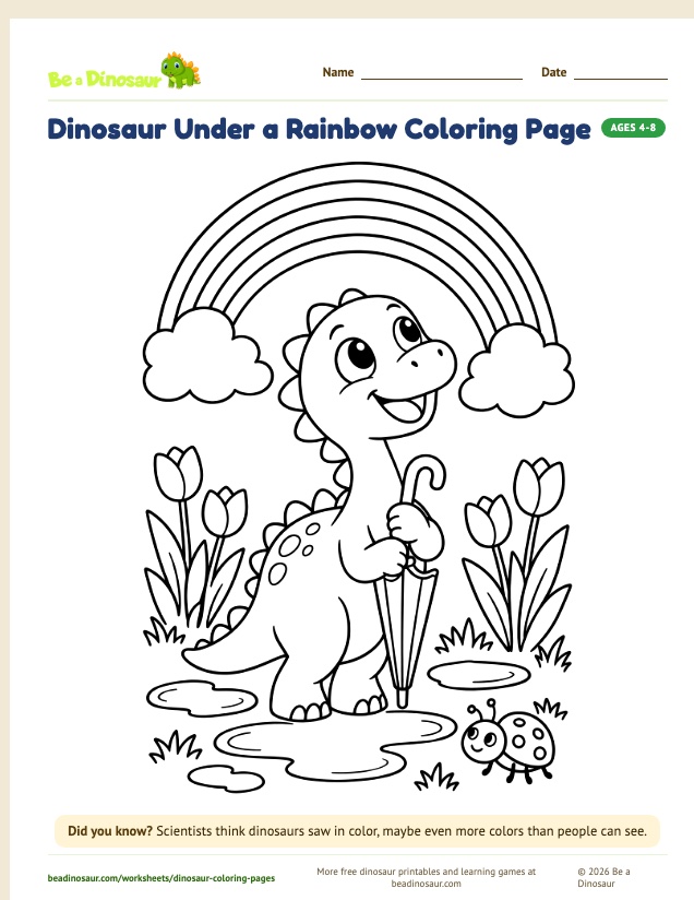 Dinosaur Under a Rainbow coloring page (free printable from Be a Dinosaur)