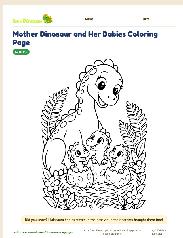 Mother Dinosaur and Her Babies coloring page (free printable from Be a Dinosaur)
