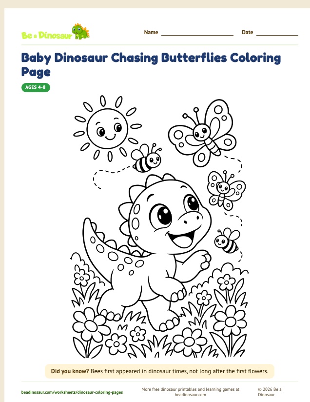 Baby Dinosaur Chasing Butterflies coloring page (free printable from Be a Dinosaur)