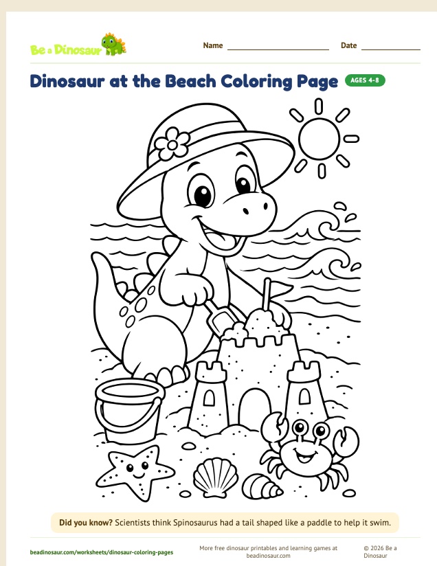 Dinosaur at the Beach coloring page (free printable from Be a Dinosaur)