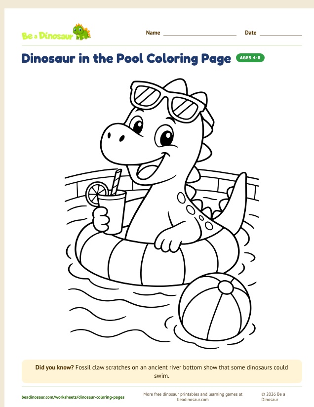 Dinosaur in the Pool coloring page (free printable from Be a Dinosaur)