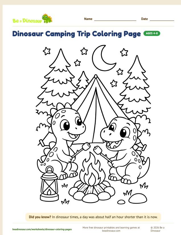 Dinosaur Camping Trip coloring page (free printable from Be a Dinosaur)