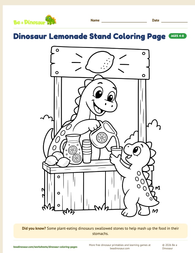 Dinosaur Lemonade Stand coloring page (free printable from Be a Dinosaur)