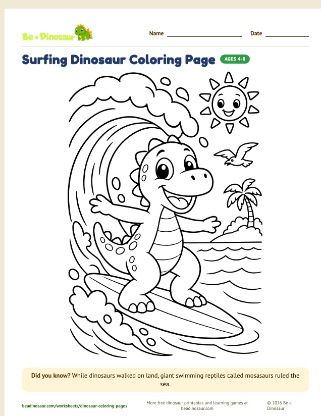 Surfing Dinosaur coloring page (free printable from Be a Dinosaur)
