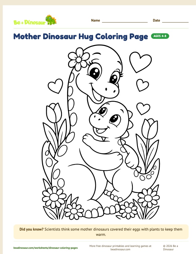 Mother Dinosaur Hug coloring page (free printable from Be a Dinosaur)