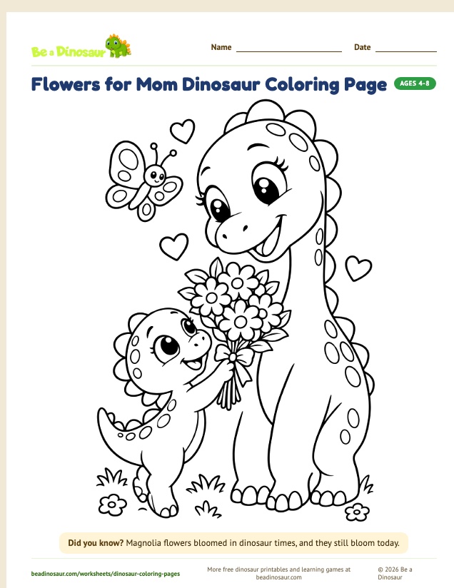 Flowers for Mom Dinosaur coloring page (free printable from Be a Dinosaur)