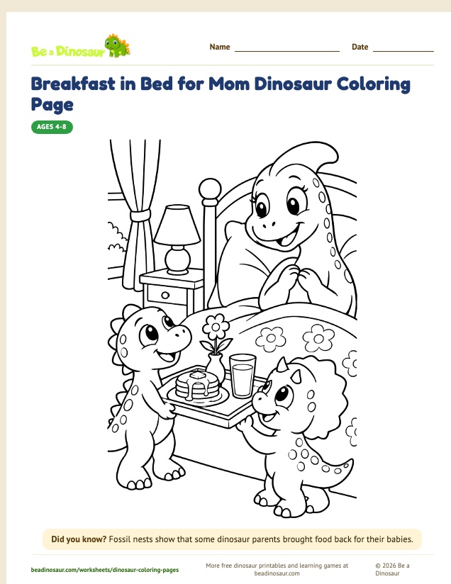 Breakfast in Bed for Mom Dinosaur coloring page (free printable from Be a Dinosaur)