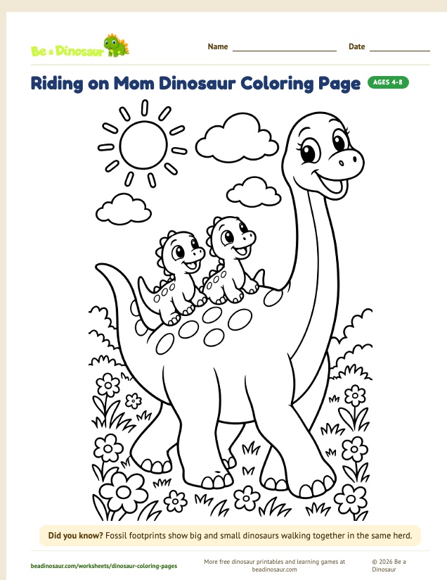 Riding on Mom Dinosaur coloring page (free printable from Be a Dinosaur)