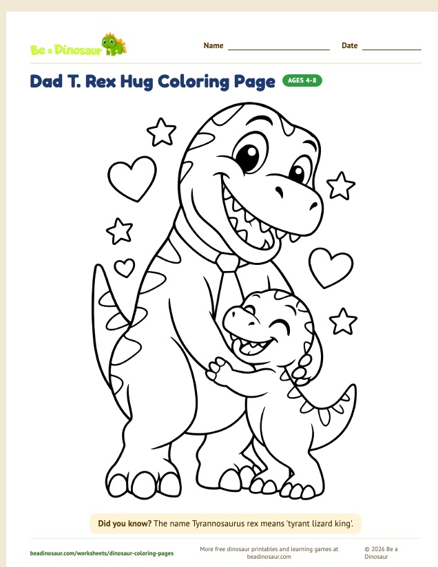 Dad T. Rex Hug coloring page (free printable from Be a Dinosaur)