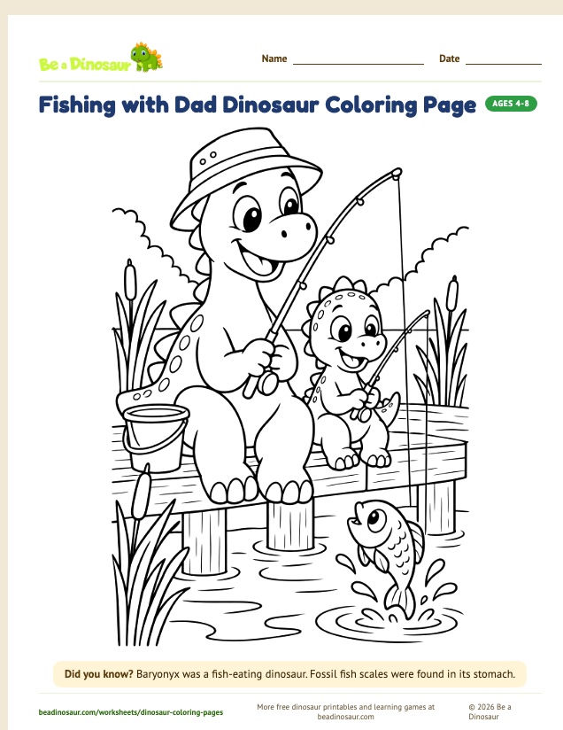 Fishing with Dad Dinosaur coloring page (free printable from Be a Dinosaur)