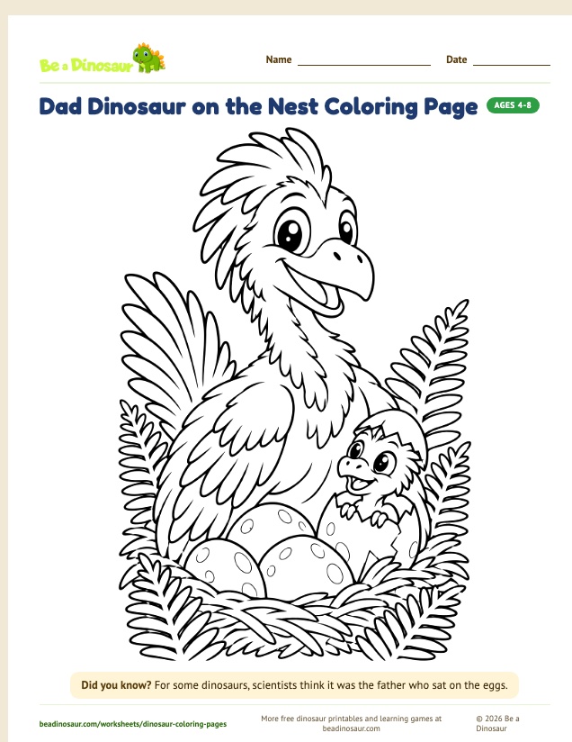 Dad Dinosaur on the Nest coloring page (free printable from Be a Dinosaur)