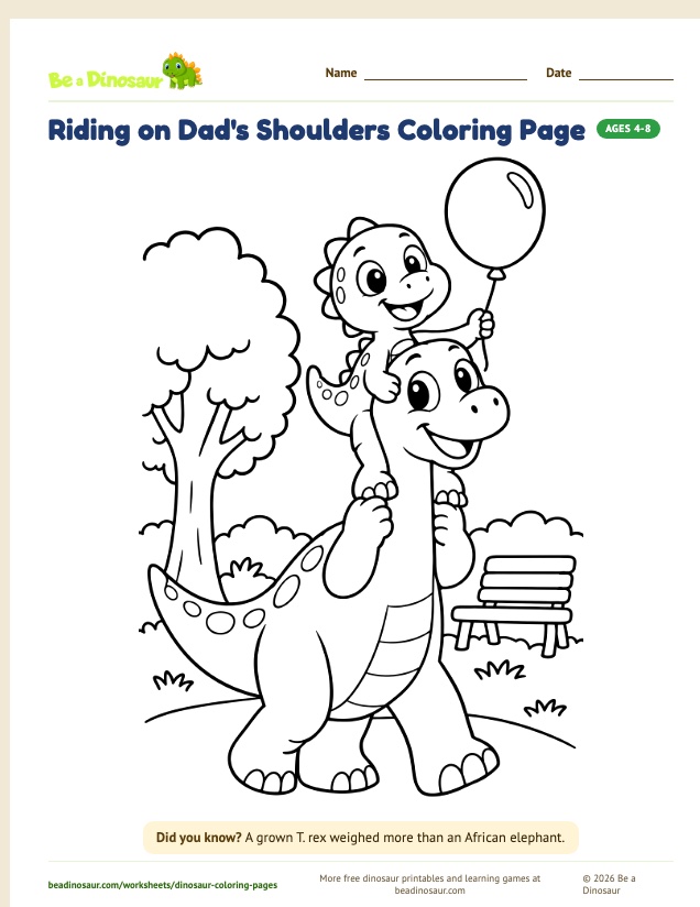 Riding on Dad's Shoulders coloring page (free printable from Be a Dinosaur)