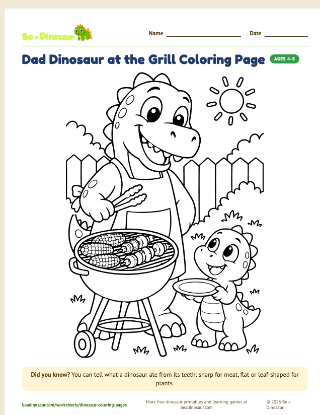 Dad Dinosaur at the Grill coloring page (free printable from Be a Dinosaur)
