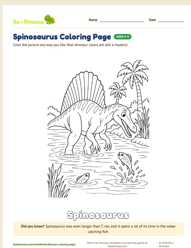 Spinosaurus coloring page (free printable from Be a Dinosaur)
