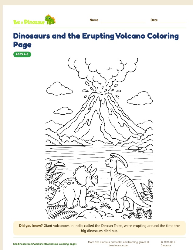 Dinosaurs and the Erupting Volcano coloring page (free printable from Be a Dinosaur)