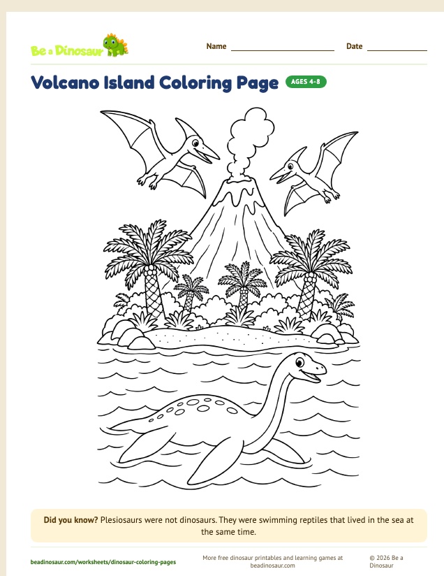 Volcano Island coloring page (free printable from Be a Dinosaur)