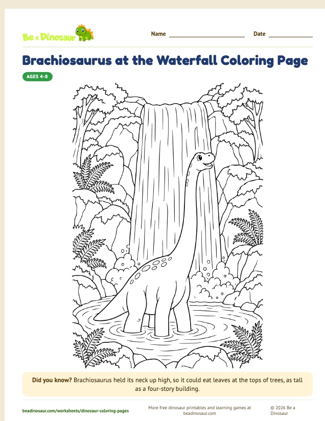 Brachiosaurus at the Waterfall coloring page (free printable from Be a Dinosaur)