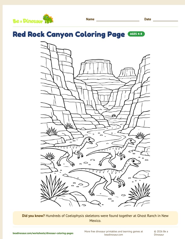 Red Rock Canyon coloring page (free printable from Be a Dinosaur)