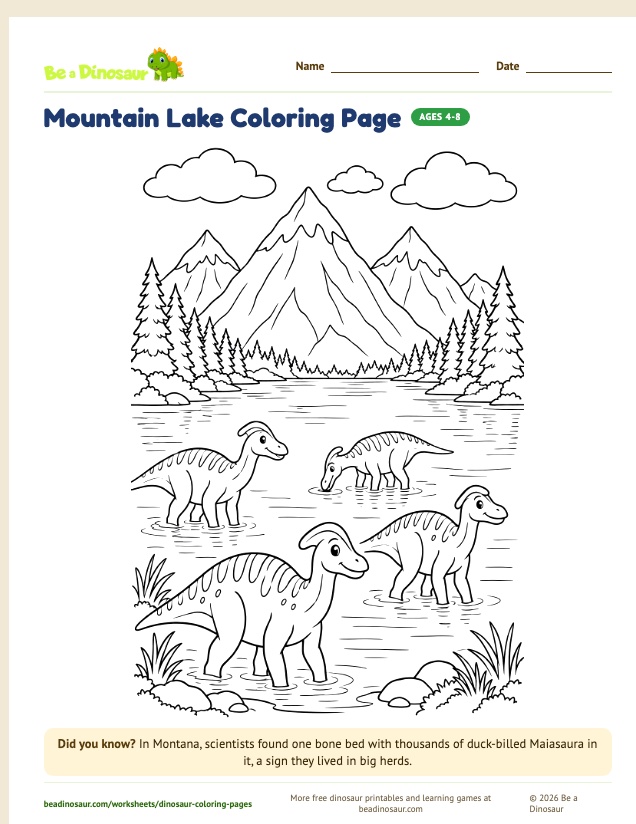 Mountain Lake coloring page (free printable from Be a Dinosaur)