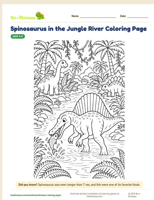 Spinosaurus in the Jungle River coloring page (free printable from Be a Dinosaur)