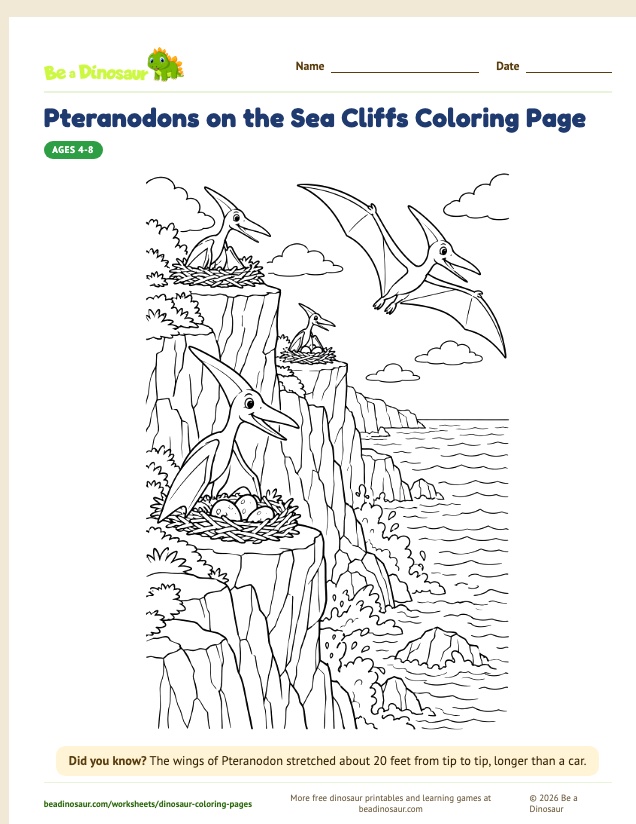 Pteranodons on the Sea Cliffs coloring page (free printable from Be a Dinosaur)