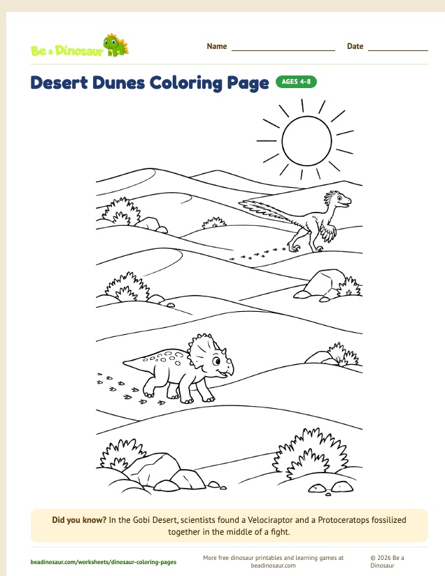 Desert Dunes coloring page (free printable from Be a Dinosaur)