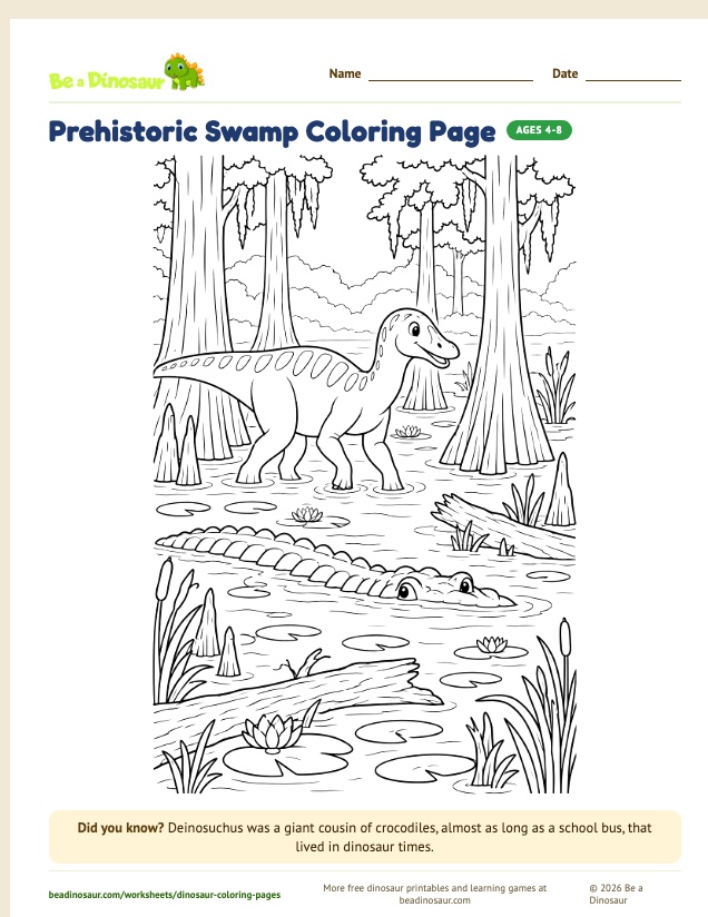 Prehistoric Swamp coloring page (free printable from Be a Dinosaur)