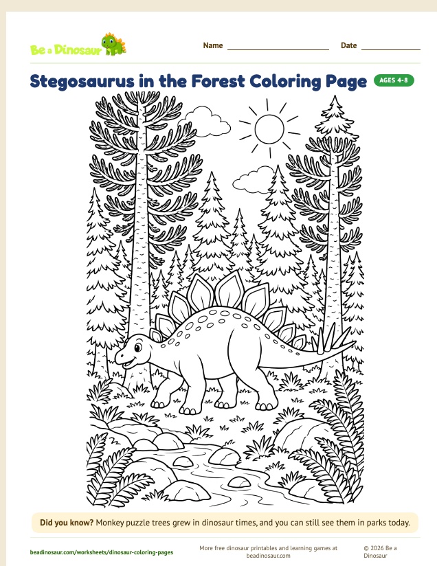Stegosaurus in the Forest coloring page (free printable from Be a Dinosaur)