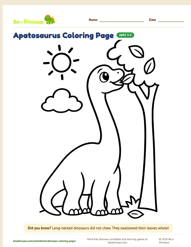 Apatosaurus coloring page (free printable from Be a Dinosaur)
