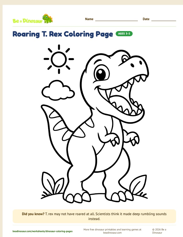 Roaring T. Rex coloring page (free printable from Be a Dinosaur)