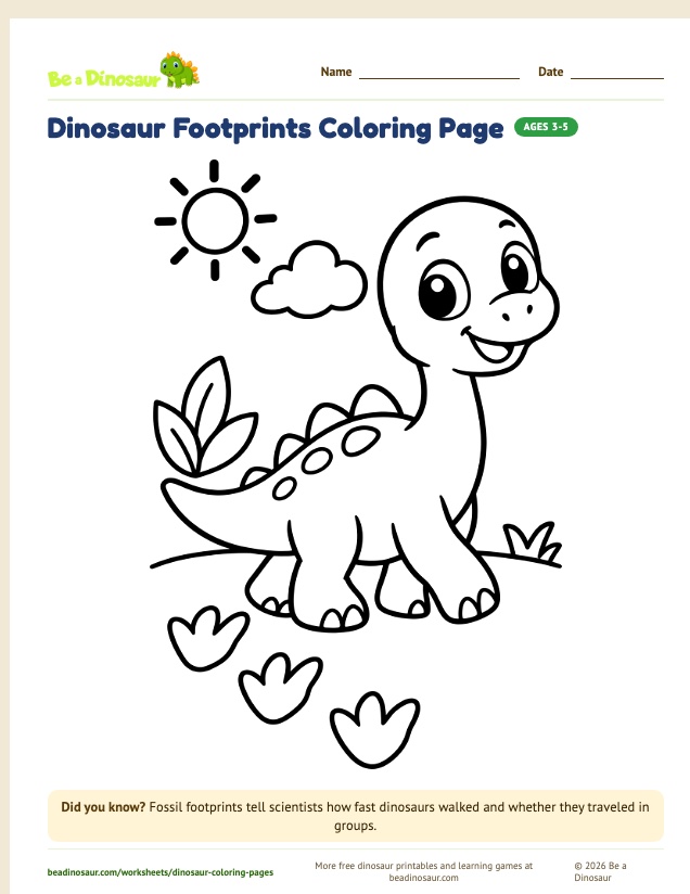 Dinosaur Footprints coloring page (free printable from Be a Dinosaur)