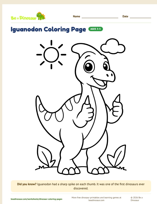 Iguanodon coloring page (free printable from Be a Dinosaur)