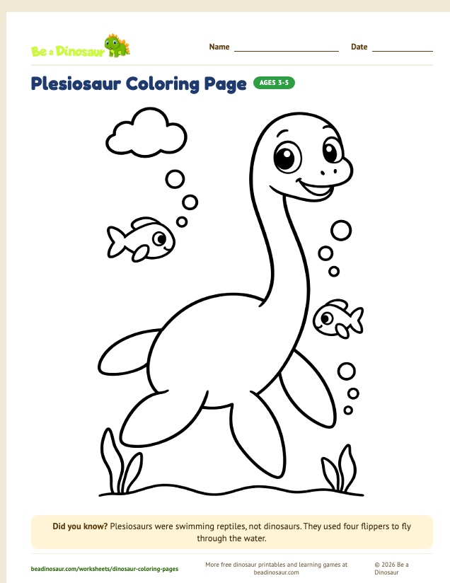 Plesiosaur coloring page (free printable from Be a Dinosaur)