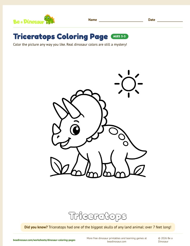Triceratops coloring page (free printable from Be a Dinosaur)