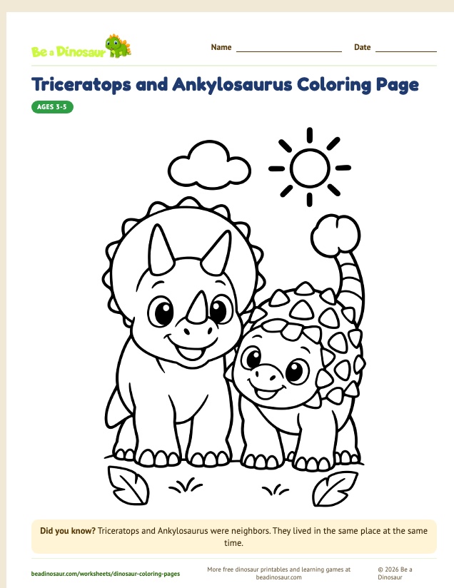 Triceratops and Ankylosaurus coloring page (free printable from Be a Dinosaur)