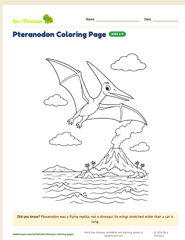 Pteranodon coloring page (free printable from Be a Dinosaur)