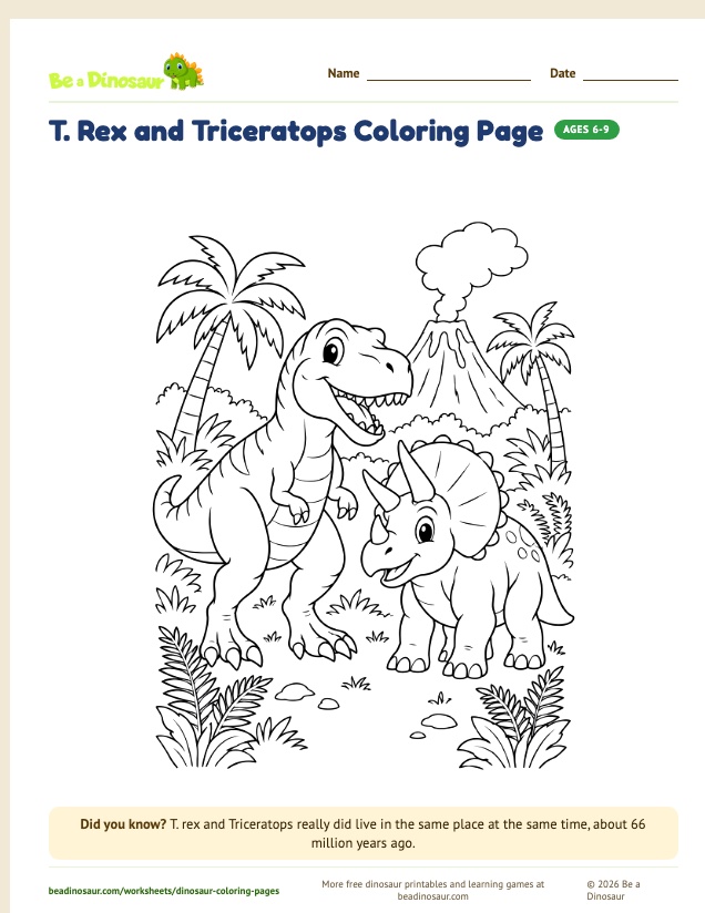 T. Rex and Triceratops coloring page (free printable from Be a Dinosaur)