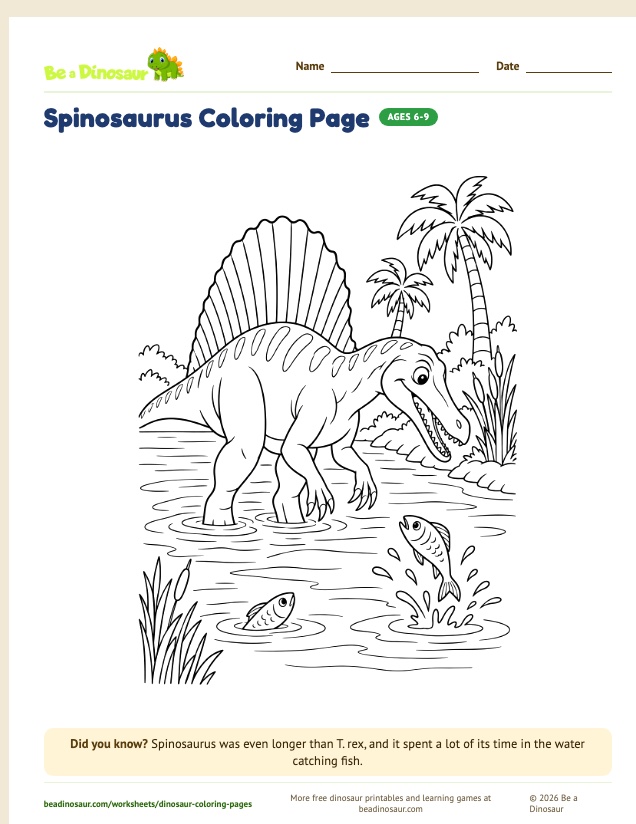 Spinosaurus coloring page (free printable from Be a Dinosaur)