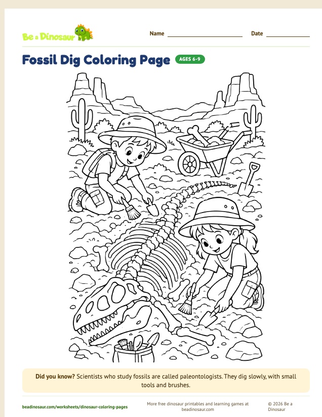 Fossil Dig coloring page (free printable from Be a Dinosaur)