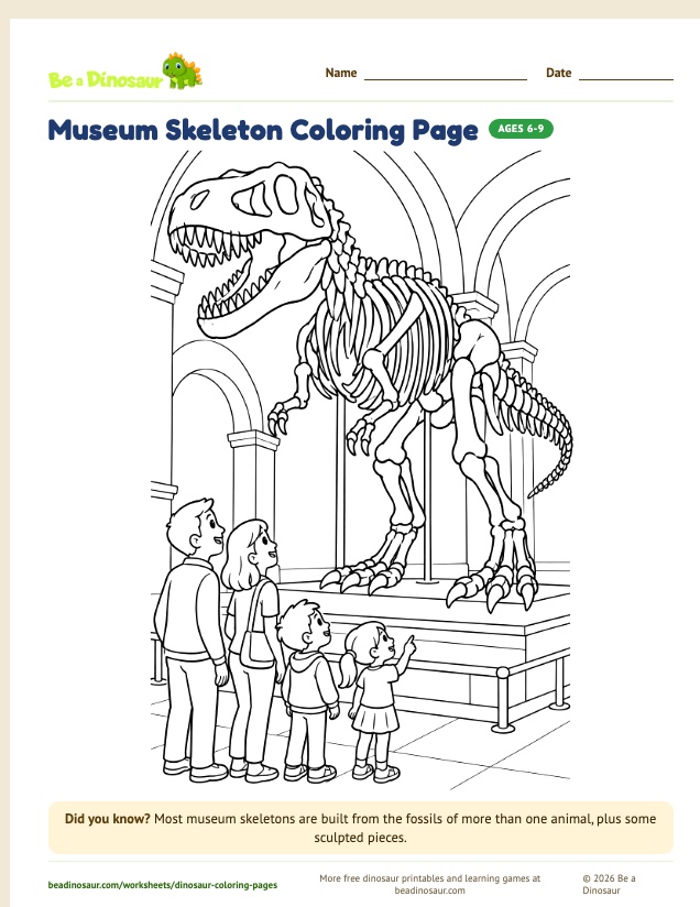 Museum Skeleton coloring page (free printable from Be a Dinosaur)