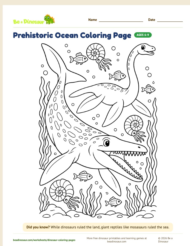 Prehistoric Ocean coloring page (free printable from Be a Dinosaur)