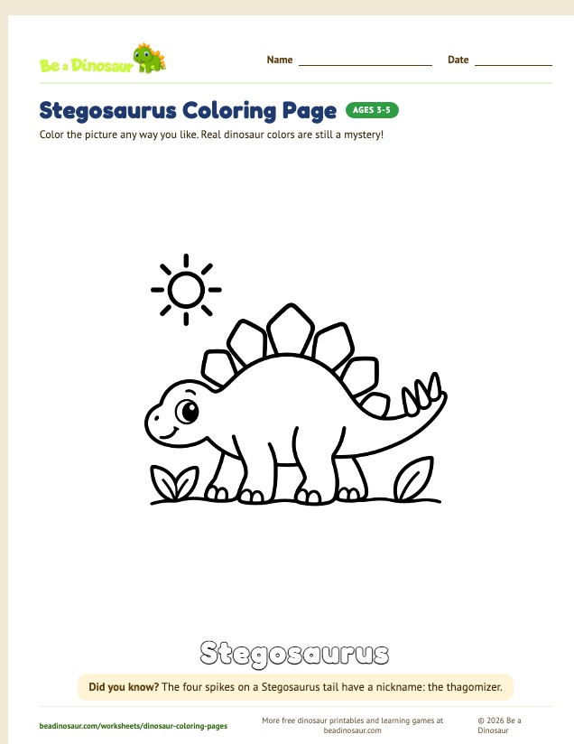 Stegosaurus coloring page (free printable from Be a Dinosaur)