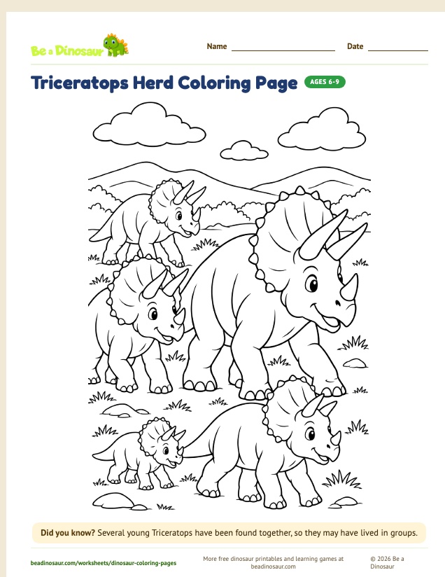 Triceratops Herd coloring page (free printable from Be a Dinosaur)