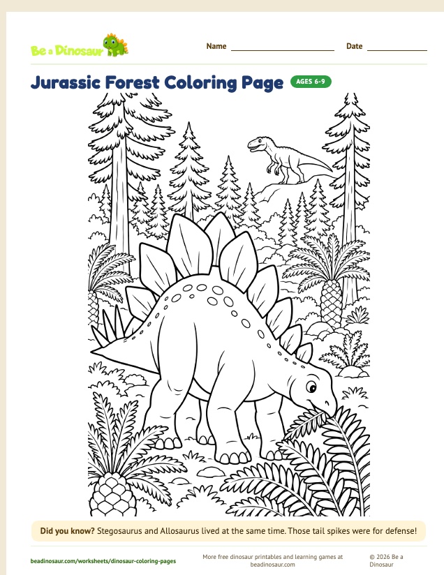 Jurassic Forest coloring page (free printable from Be a Dinosaur)