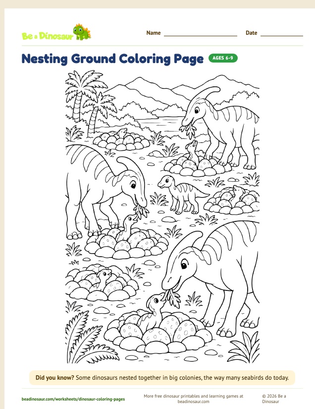 Nesting Ground coloring page (free printable from Be a Dinosaur)