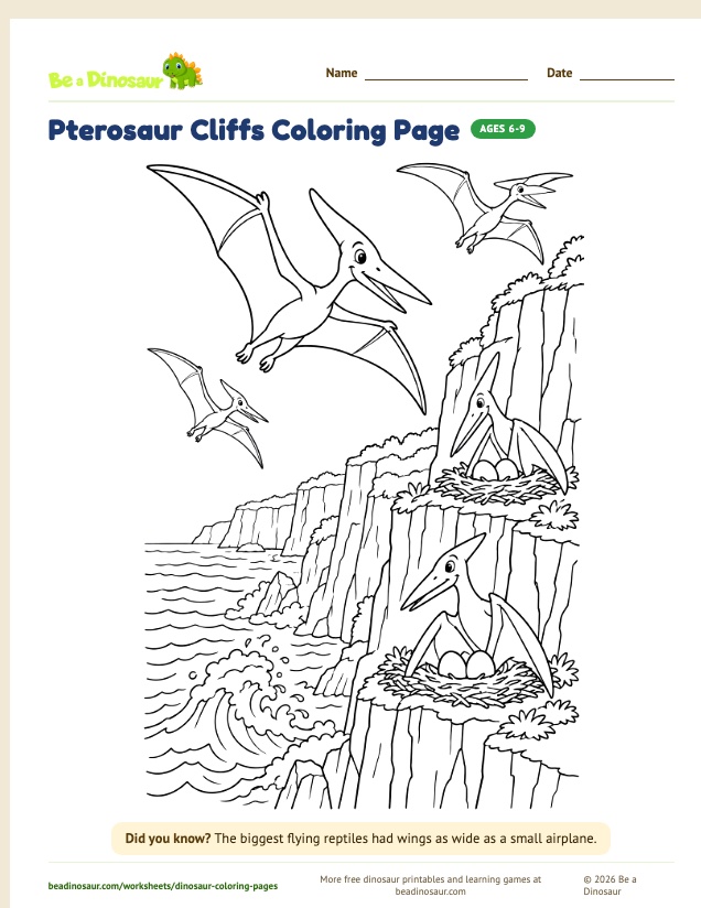 Pterosaur Cliffs coloring page (free printable from Be a Dinosaur)