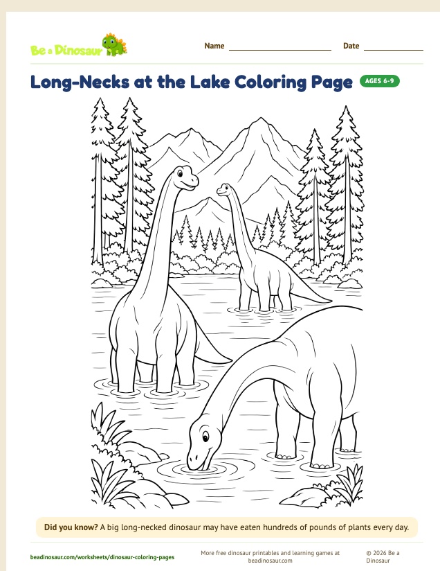 Long-Necks at the Lake coloring page (free printable from Be a Dinosaur)