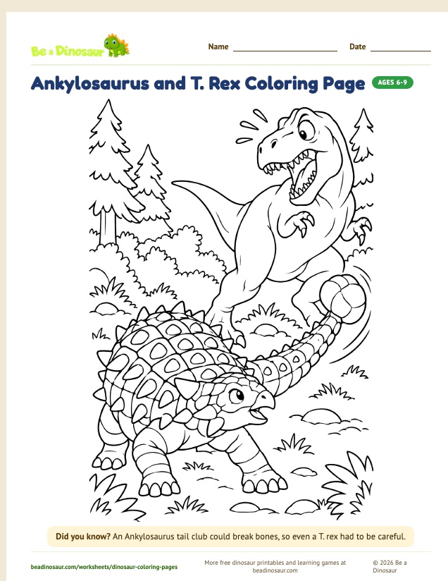 Ankylosaurus and T. Rex coloring page (free printable from Be a Dinosaur)