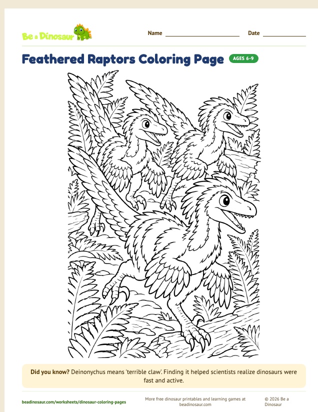 Feathered Raptors coloring page (free printable from Be a Dinosaur)